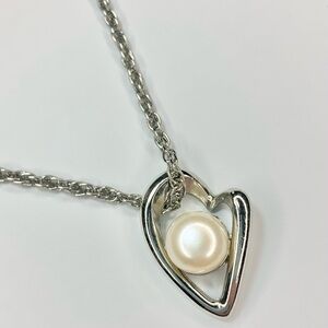 Vintage Abstract Open Heart Pendant Faux Pearl Cabochon Necklace